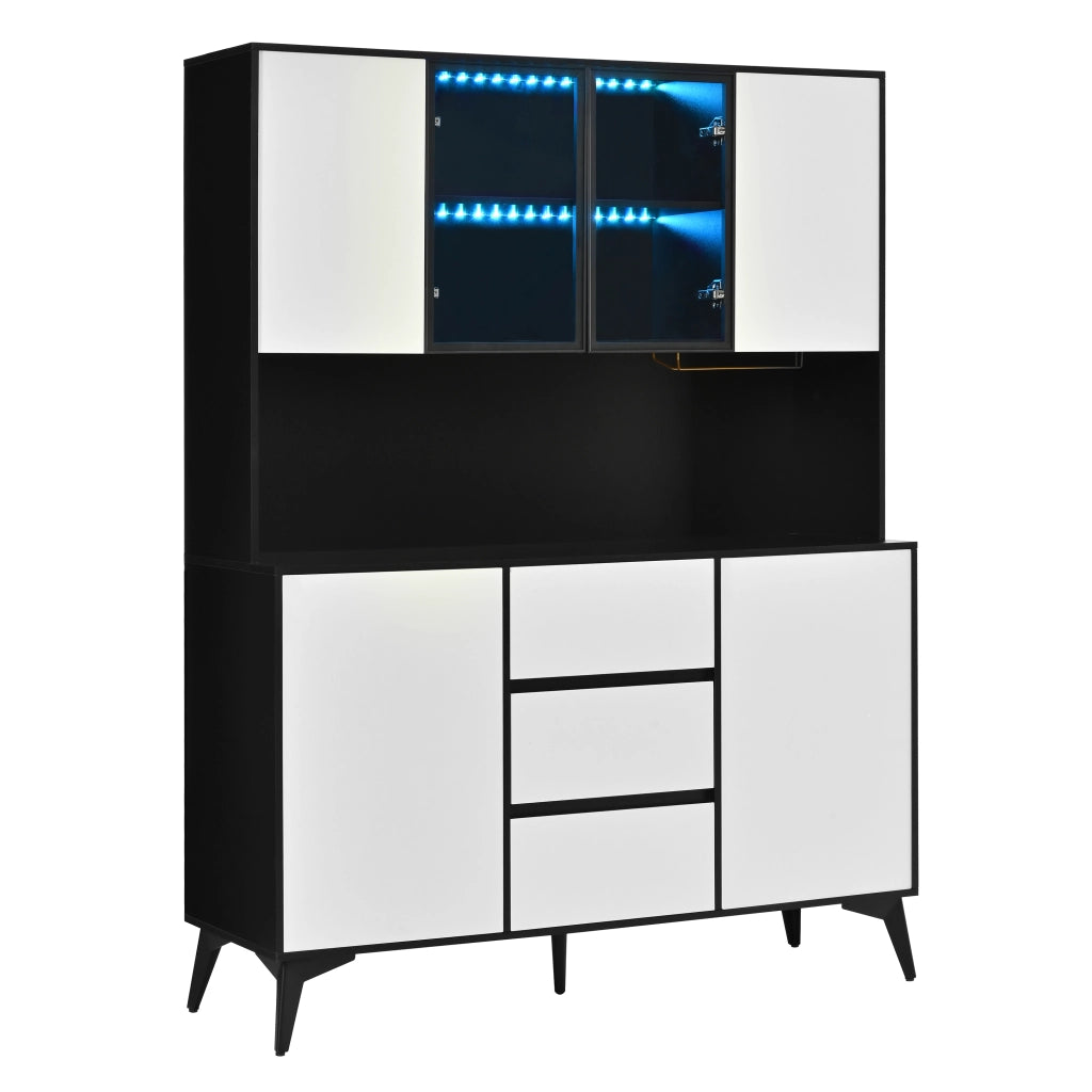 Hochschrank con vetrina in vetro, LED regolabile via app, 2 ante, 3 cassetti, MDF nero e bianco