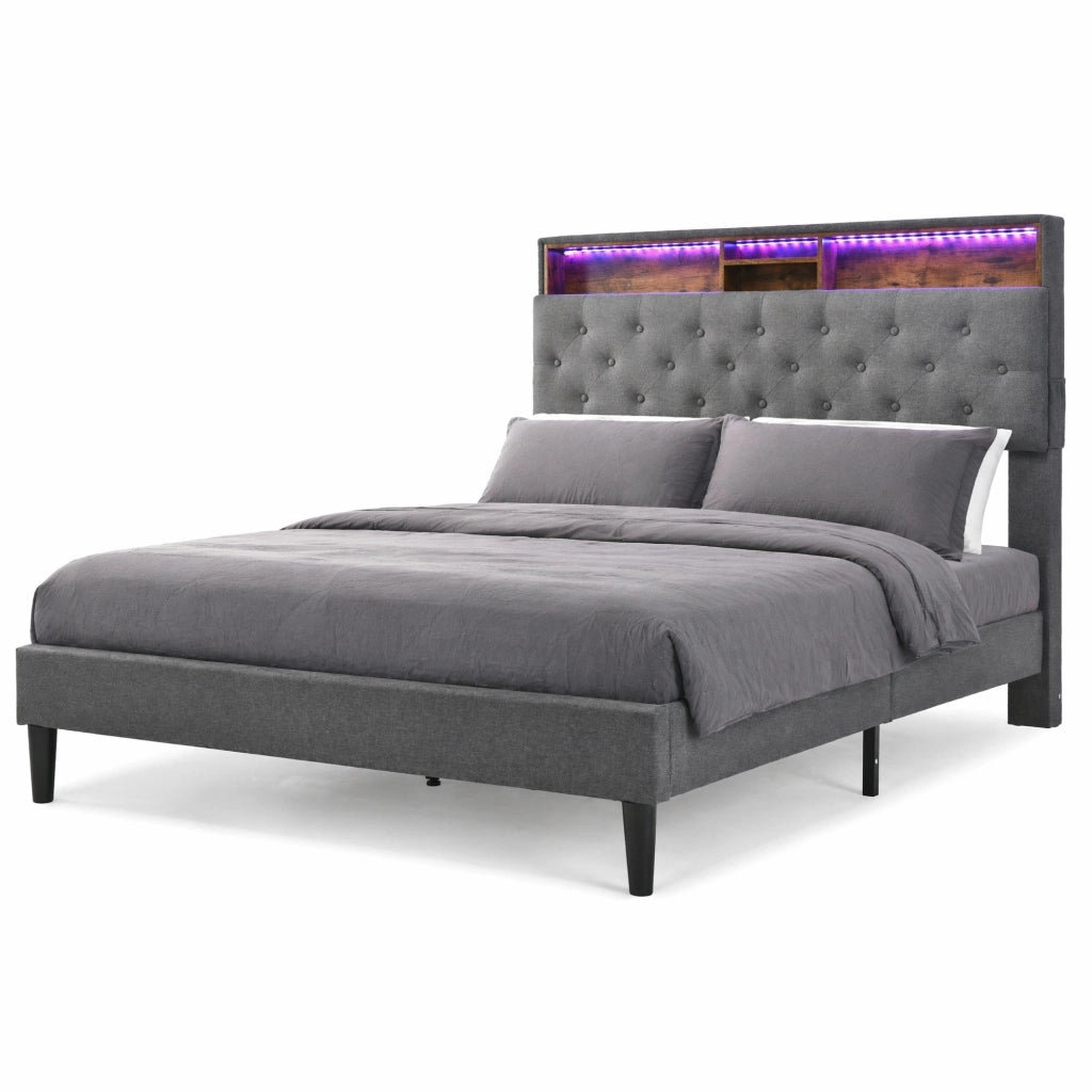 Letto matrimoniale imbottito con testiera contenitore e LED 140x200 cm; grigio