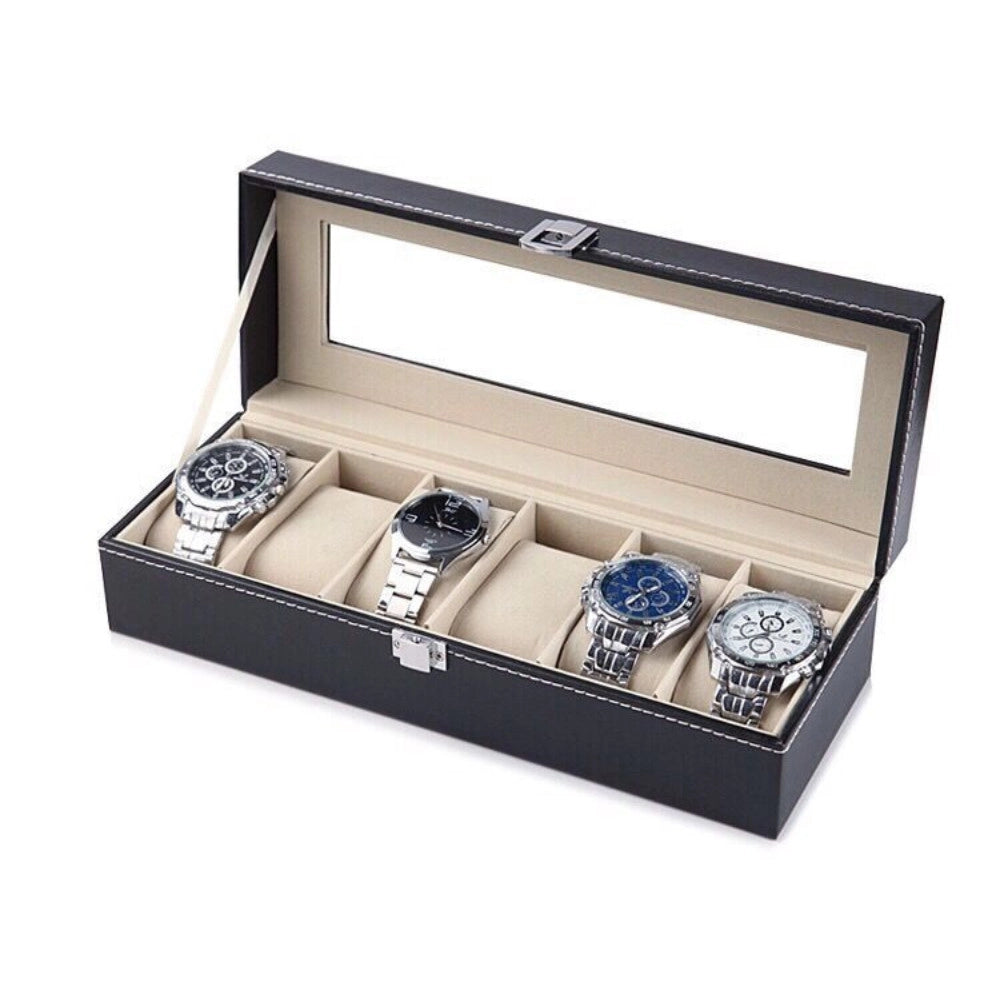 Trade Shop - Scatola Porta Orologi 6 Posti Con Vetro Custodia Elegante Effetto Pelle Nero -