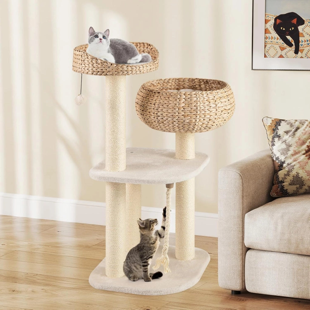 Tiragraffi per Gatti Piccoli, Tiragraffi con Cuccia, Piattaforma, Pallina e Palo in Sisal Naturale, Albero per Gatti da Divano, Salotto e Camera da Letto
