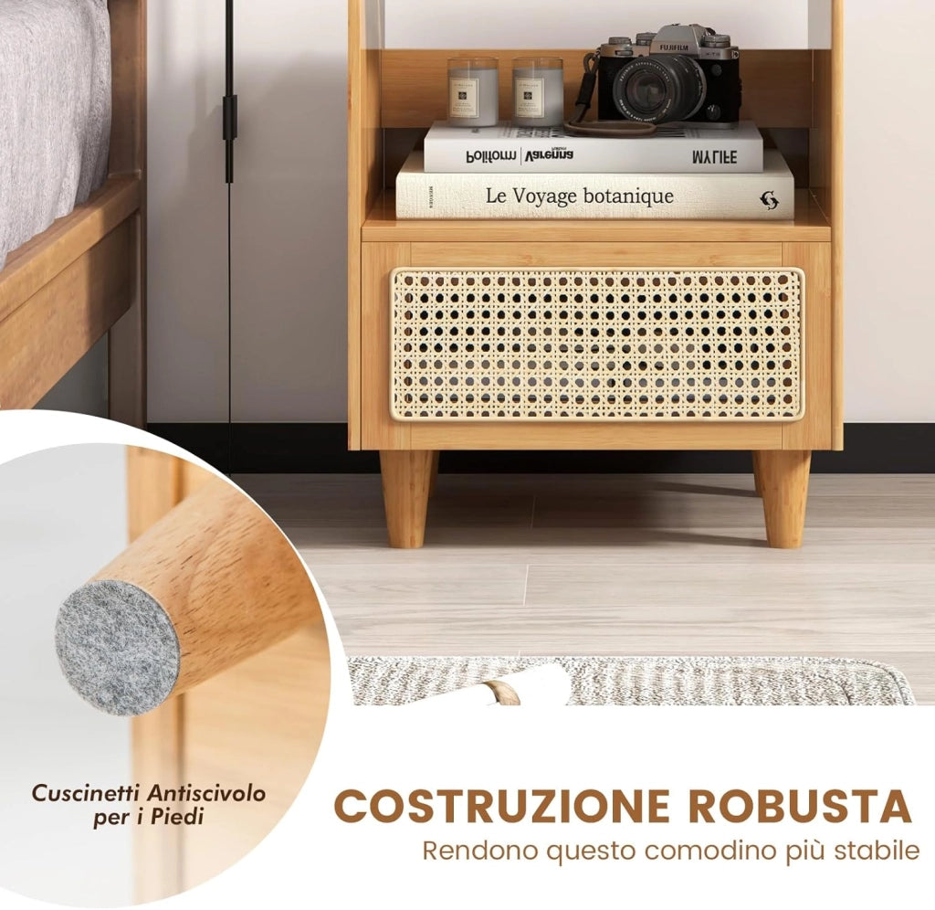 Comodino in Bambù e Rattan 43 x 35 x 50 cm, Tavolino Moderno con Piano in Vetro, Cassetto, Mobile Salvaspazio per Ufficio e Soggiorno (1, Naturale)