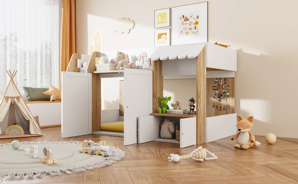 DESMIU Letto a soppalco per bambini 1 posto con scala larga, vano contenitore e ripiani 90 × 200 cm, senza materasso
