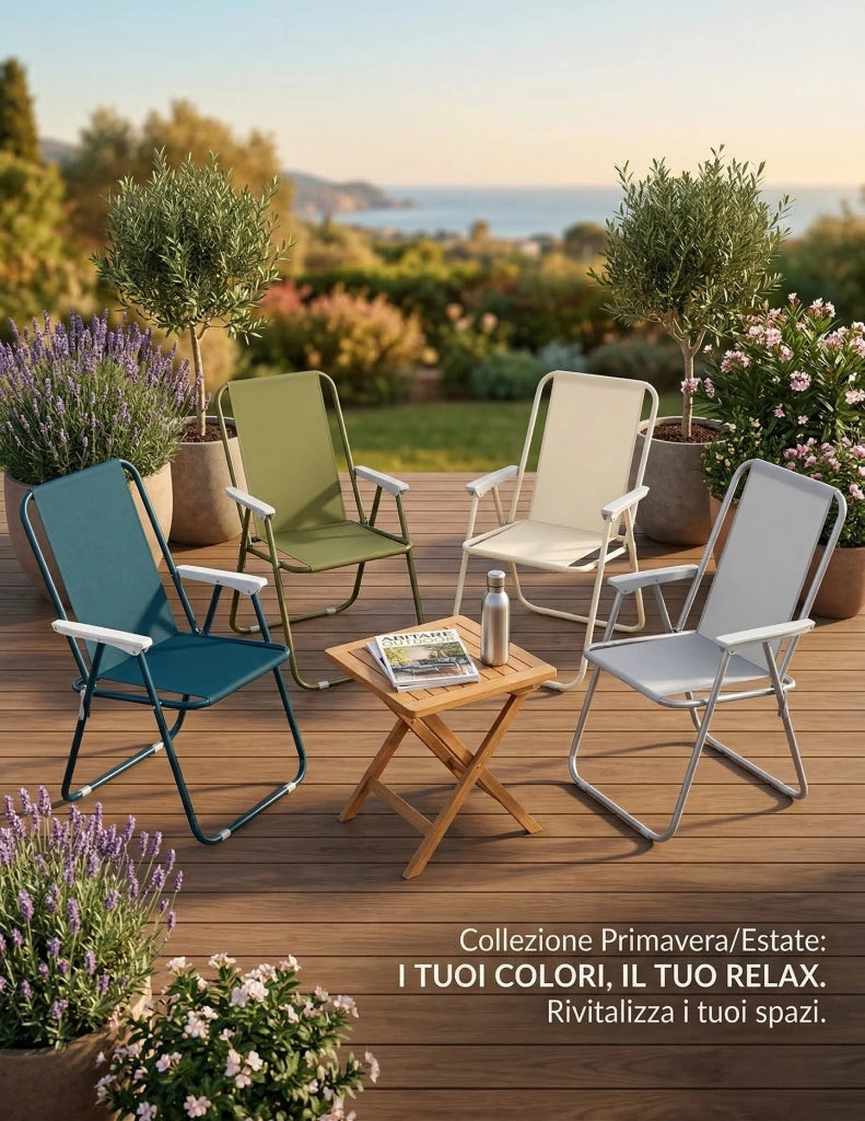 Sedia Pieghevole Relax da Esterno e Giardino. Poliestere 600D, Braccioli, Max 100kg. Colori Assortiti