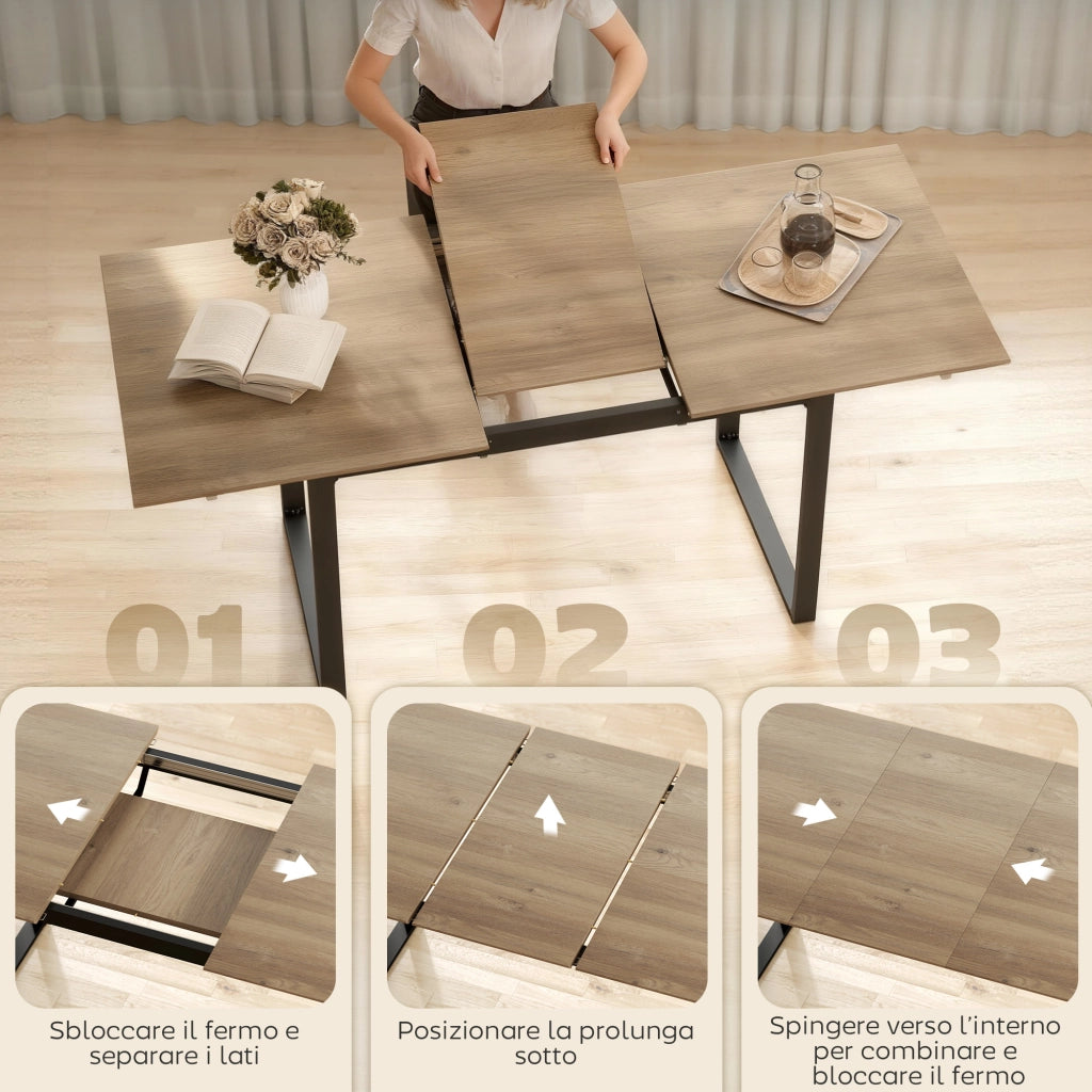 Tavolo da Pranzo Allungabile Rotondo in Legno e Acciaio ¨C Zephmum ¨C Effetto Rovere e Nero, 180x80x75 cm