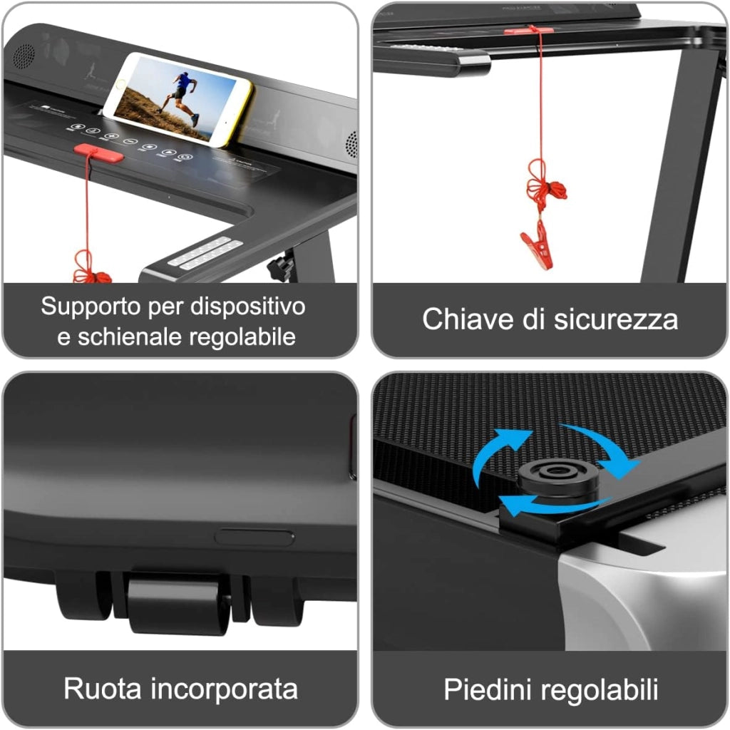 Tapis Roulant Elettrico Pieghevole Salvaspazio, Tapis Roulant con Controllo APP, 12 Programmi Preimpostati, Schermo LED e Porta Dispositivi e Bluetooth, Velocità 1-12 km/h