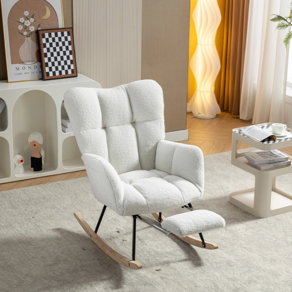 Sedia a Dondolo Imbottita con Poggiapiedi Pieghevole e Schienale Alto Ergonomico; in Teddy Bianco
