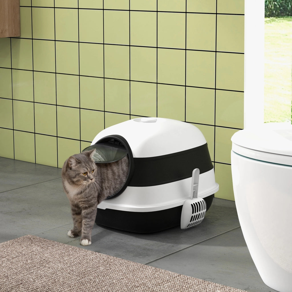 Lettiera per Gatti Chiusa con Coperchio, Paletta e Deodorante, Design Pieghevole, 52x41x38 cm, Bianca e Nera