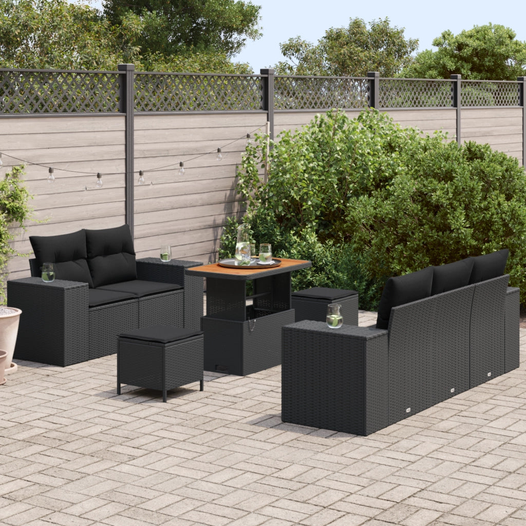Set di Divani da Giardino  8 Pezzi con Cuscini Nero Polyrattan Acacia