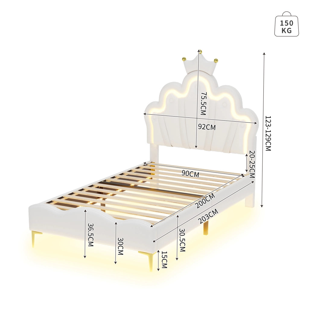 OKWISH Letto Bambini 90×200 cm, Letto Singolo con LED Regolabile, Testiera a Corona e Luce Sotto Letto, senza Materasso, PU Bianco