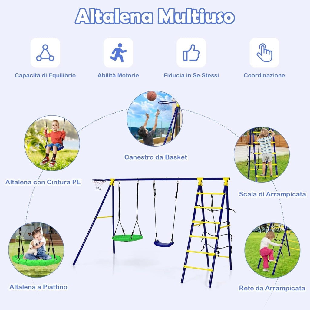 5 in 1 Set Altalena da Giardino per Bambini, con 2 Altalene, 1 Canestro da Basket, 1 Rete di Arrampicata, 1 Scala di Arrampicata, Ideale per Giardino Cordile e Parco Giochi