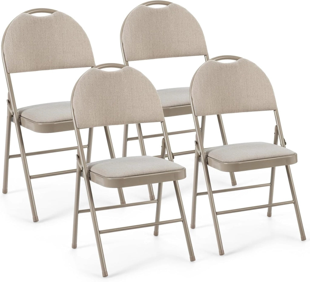 Set di 4 Sedie Pieghevoli, Sedie da Pranzo con Seduta Imbottita e Schienale Rivestito in Tessuto, con Gambe in Metallo, Sedia Portatile per Soggioro, Ufficio, Portata 120 kg (Beige)