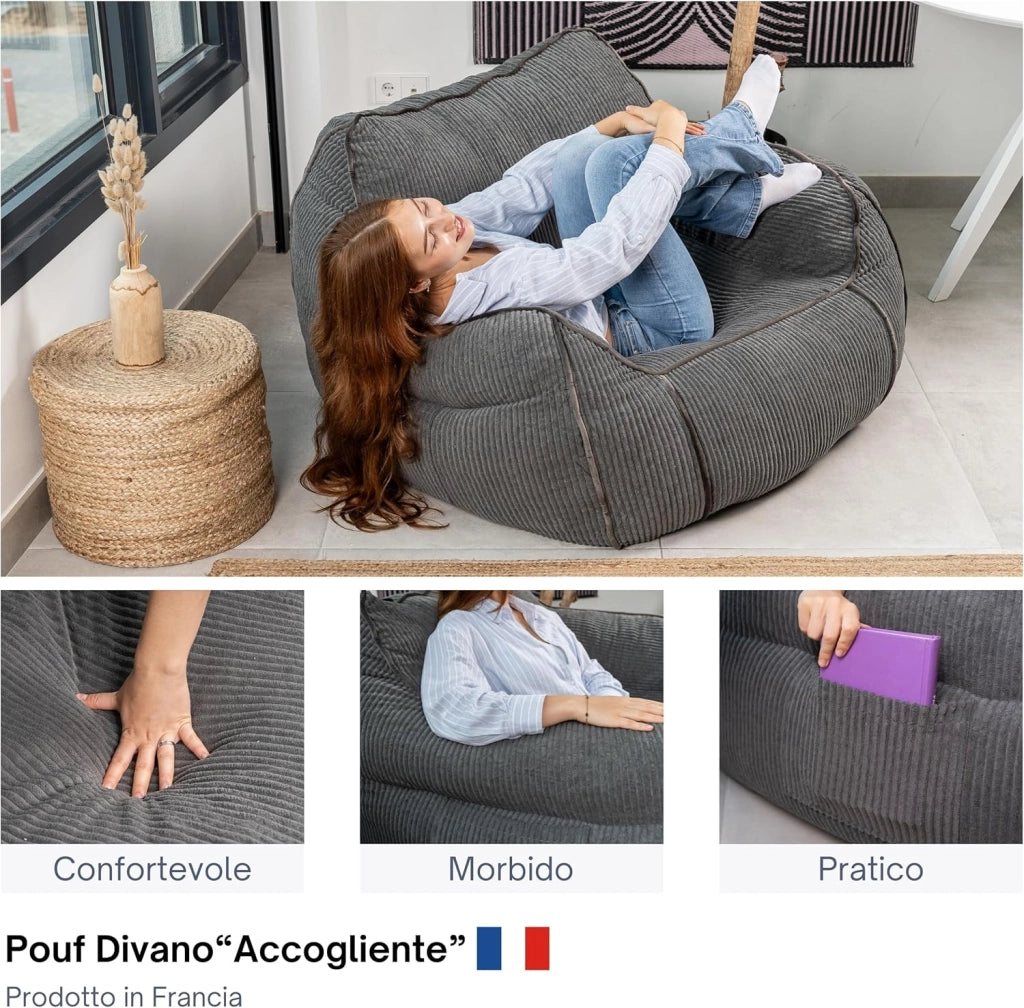 Pouf Poltrona per Salotto e Camera - Tessuto in Velluto a Coste Morbido ed Elegante - Poltrona Sacco Generosamente Imbottito, Ideale per un Ambiente Accogliente (Grigio Scuro)