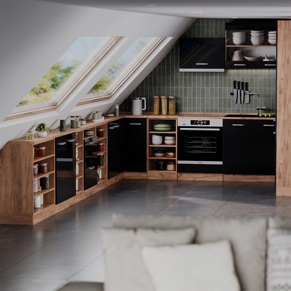 Mobile cucina sottotetto R-Line Nero lucido/Rovere dorato 210 cm Set di 5 carcasse armadio profondità 60 cm Vicco
