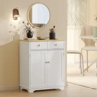 Credenza Bassa con Armadietto 2 Ante, Ripiani Regolabili e 2 Cassetti, Bianco e Legno