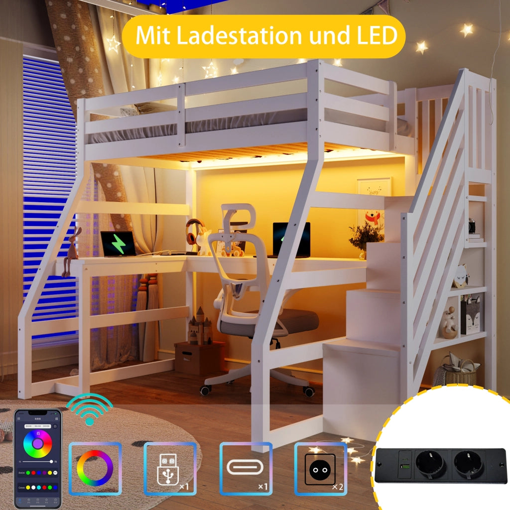 Letto a castello con mensole LED USB 90x200 cm MDF bianco pino