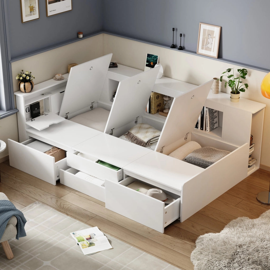 Letto per bambini 90x200 cm bianco con cassetti, libreria laterale e vani contenitore, senza materasso
