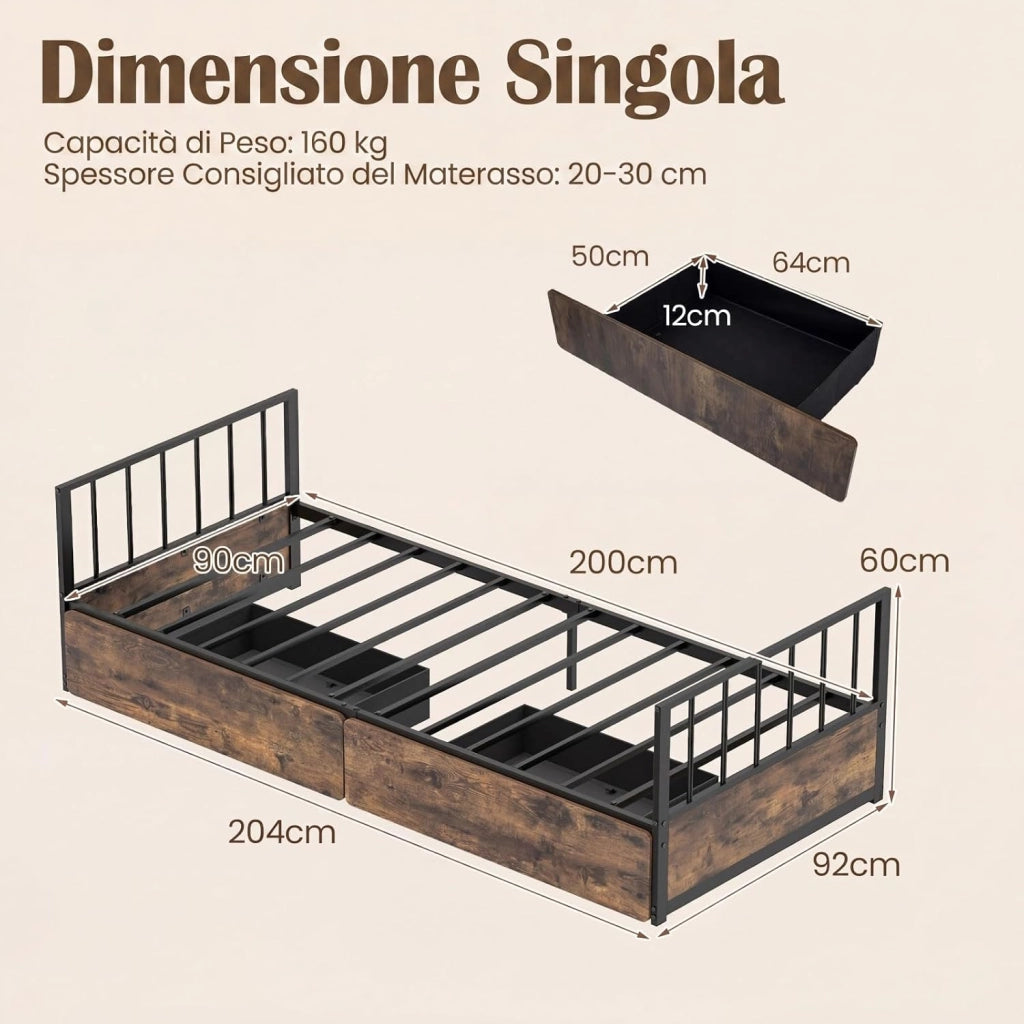 Letto Singolo 90x200 cm, Struttura Letto a Piattaforma Industriale con Testiera Pediera e 2 Cassetti, Doghe in Metallo, Silenzioso