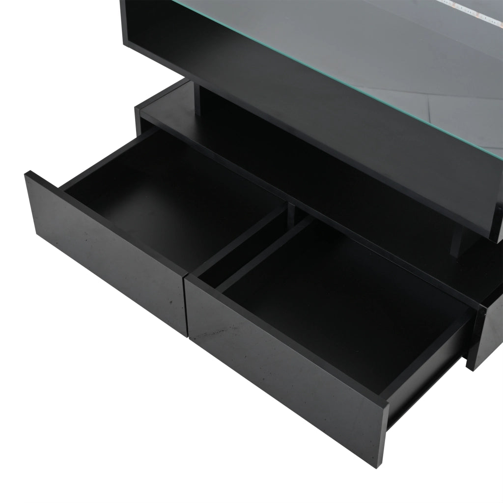 Tavolino da caffè 80x80x45 cm; alzabile con vano nascosto e LED; pannello truciolare e vetro temperato nero