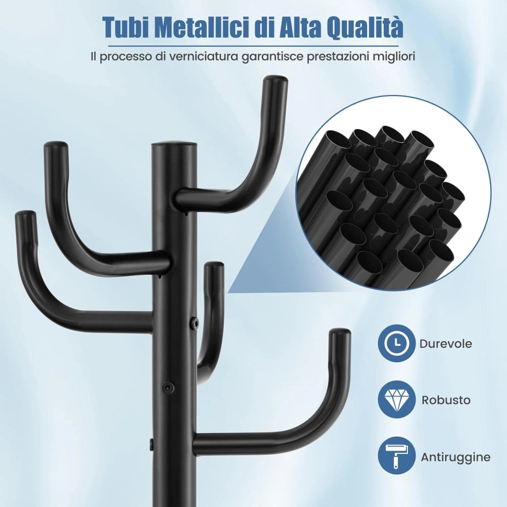 Attaccapanni in Metallo, Attaccapanni da Terra con 8 Ganci Robusti e Base Resistente, per Vestiti Borse Cappelli, 33,5 x 175 cm