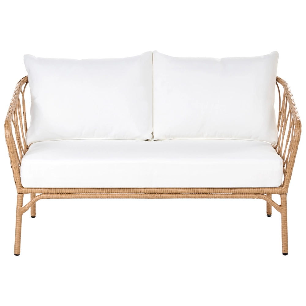 Divano da Giardino con Panca in Rattan PE Marrone Chiaro 2 Posti Struttura in Acciaio e Gambe in Metallo Cuscini Bianco Sporco Arredo da Esterno