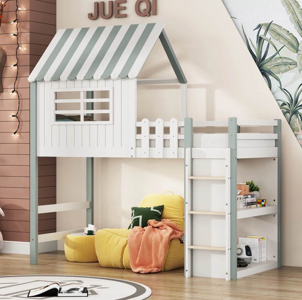 Letto a soppalco per bambini 90x200 cm verde con scala