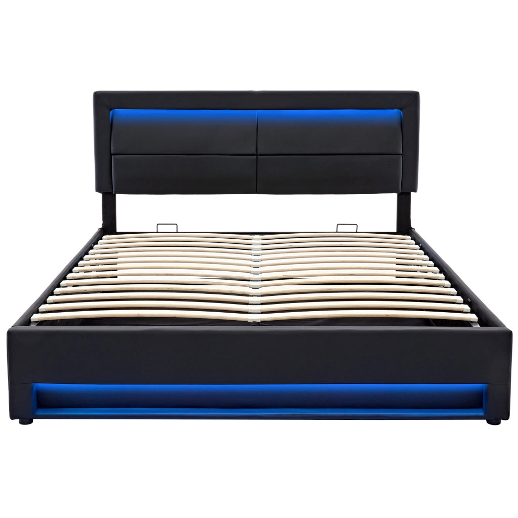 Letto imbottito nero 160 x 200 cm con USB, LED e vano contenitore