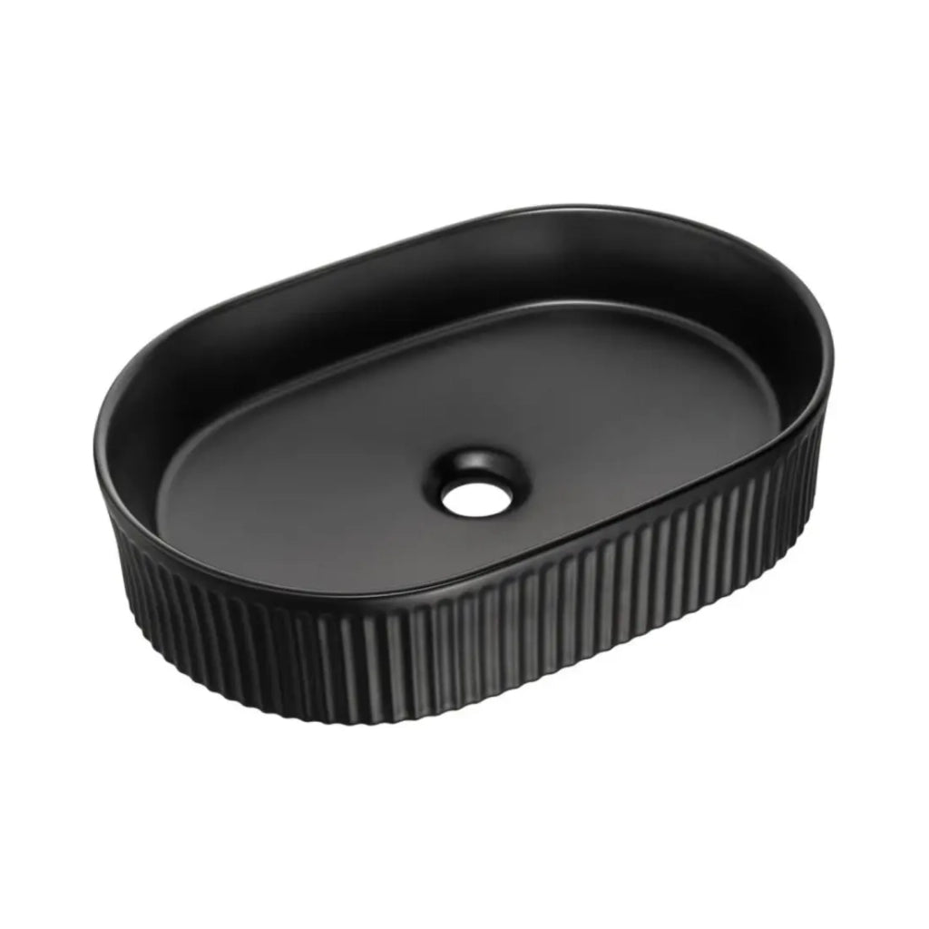 Insieme VANO 80cm: mobile sotto lavabo con cassetti + piano per lavabo effetto rovere chiaro + lavabo da appoggio scanalato nero opaco