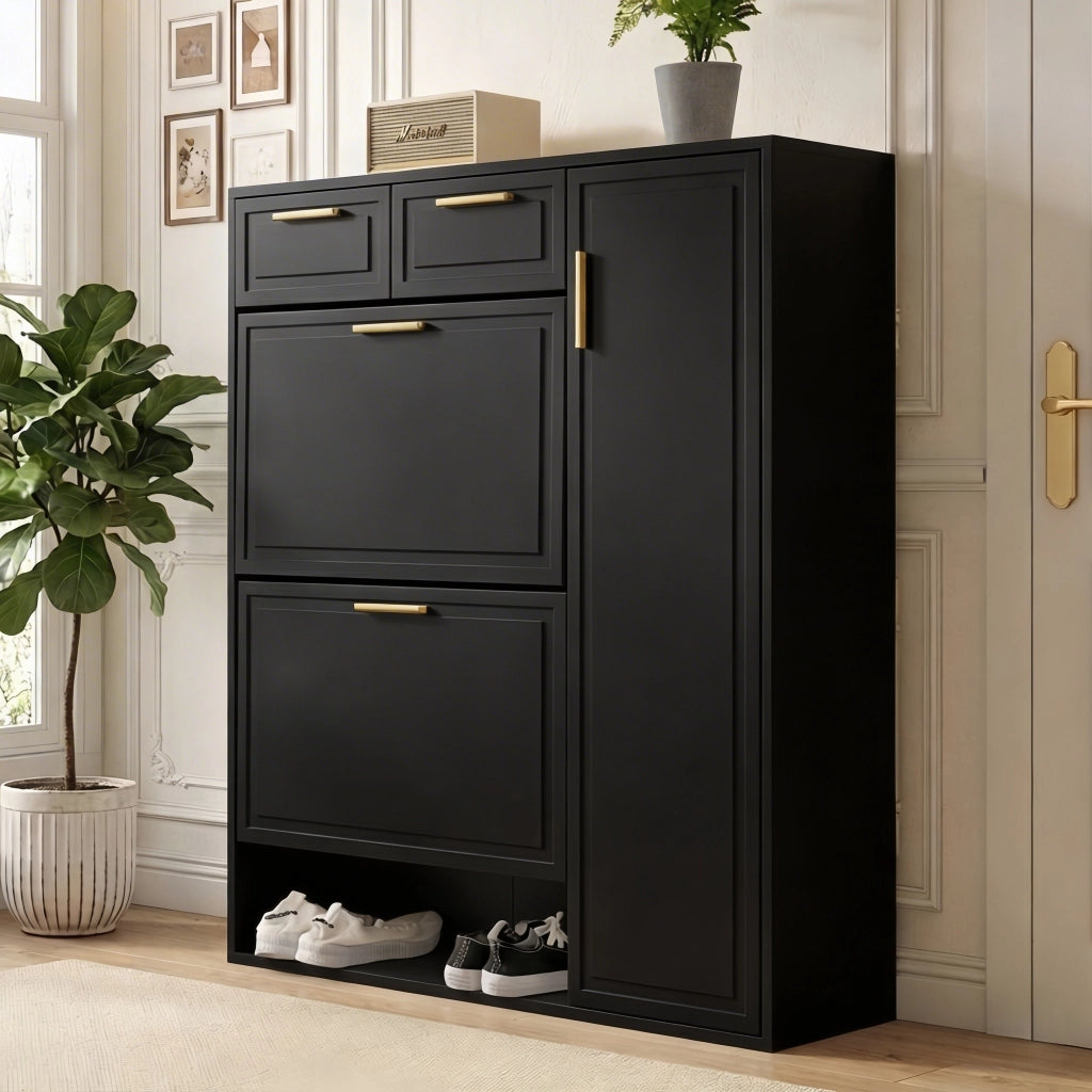 Mobile portascarpe nero con ripiani regolabili, cassetti e vani aperti, struttura in truciolare e MDF, 95x24x107 cm