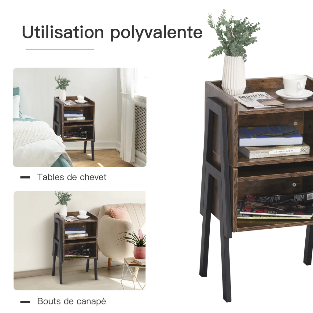 Tavolino da notte industriale impilabile ¨C zephmum ¨C legno marrone e nero 46x35x52,5 cm