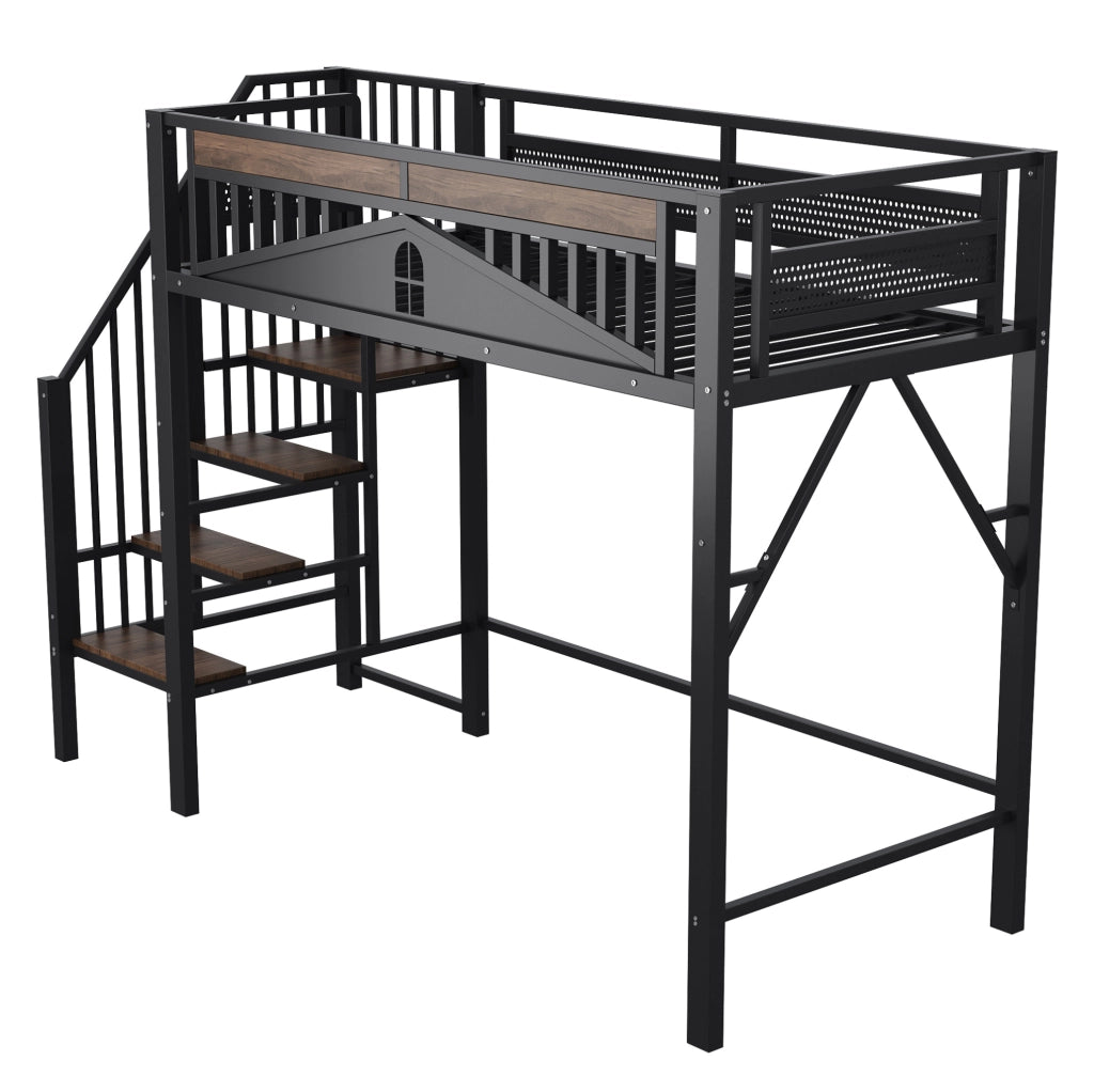 Letto a soppalco 90x200 cm con scala di sicurezza e vani portaoggetti in metallo nero