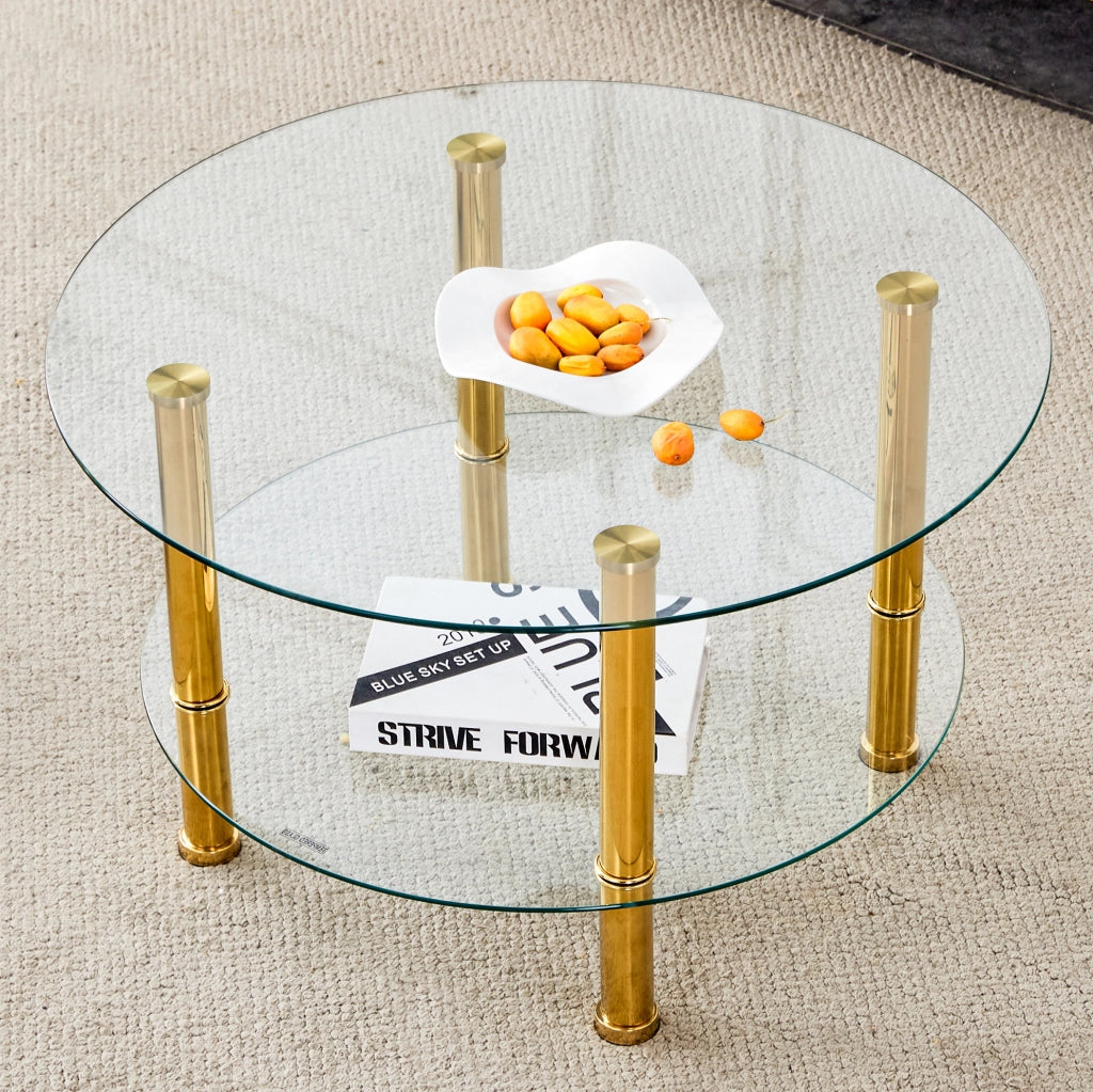 Tavolino da caffè a 2 livelli in vetro trasparente oro Ø70 cm