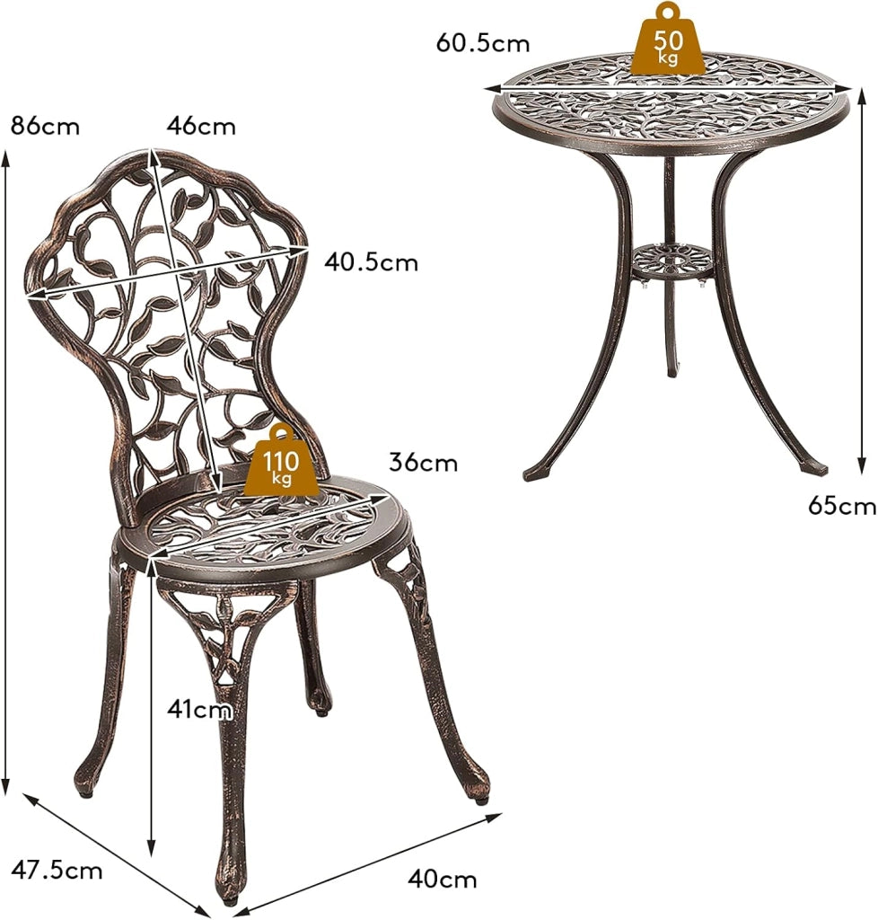 Set da Bistrot Tavolo Rotondo con 2 Sedie in Fusione di Alluminio, Set da Giardino Antico per Esterni Balcone Bordo Piscina, Bronzo