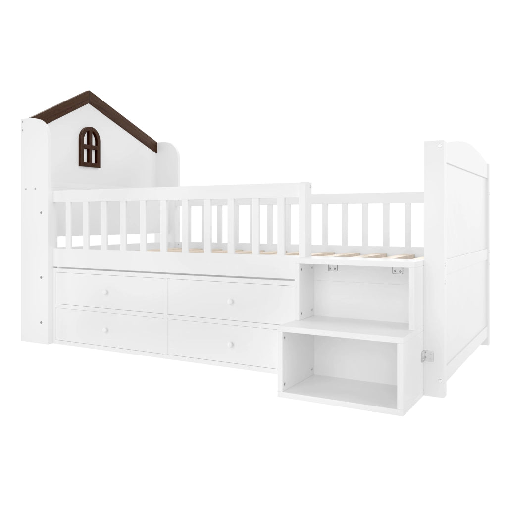 OKWISH Letto a Mezzanina 90×200 cm, Letto Singolo con 4 Cassetti, LED e Scala con Mensole, senza Materasso, in Pino, Bianco