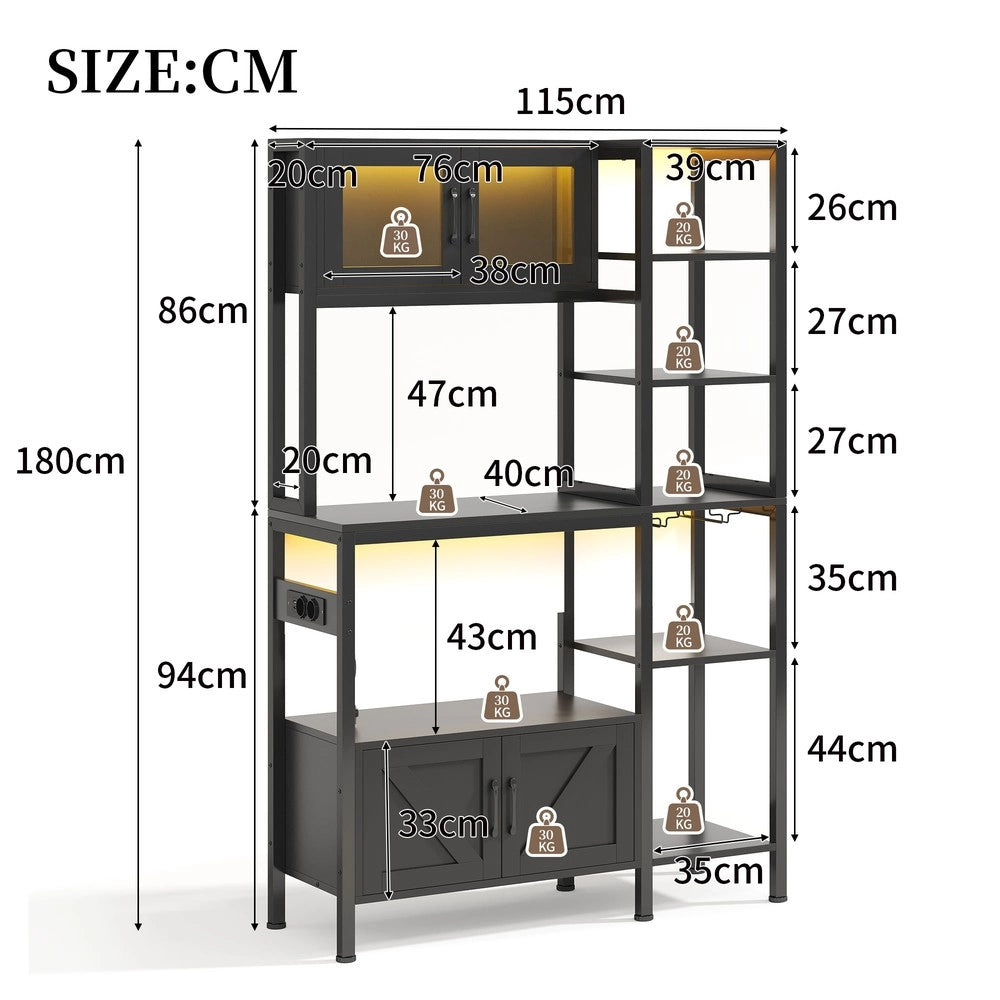 Libreria da Cucina con Presa e LED ¨C MINIMAL ¨C Scaffale Vino e Microonde, Legno, 180x115 cm