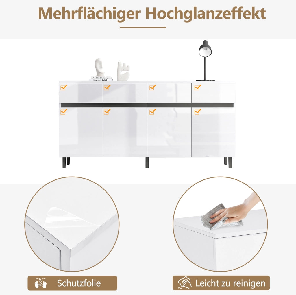 Credenza bianca lucida 160 cm con 4 cassetti e ripiani regolabili