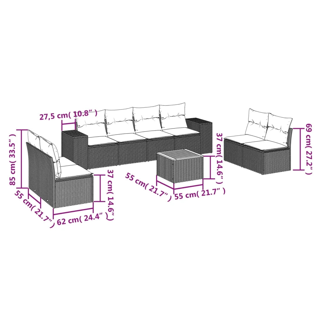 Set Divano da Giardino 9 pz con Cuscini Beige in Polyrattan