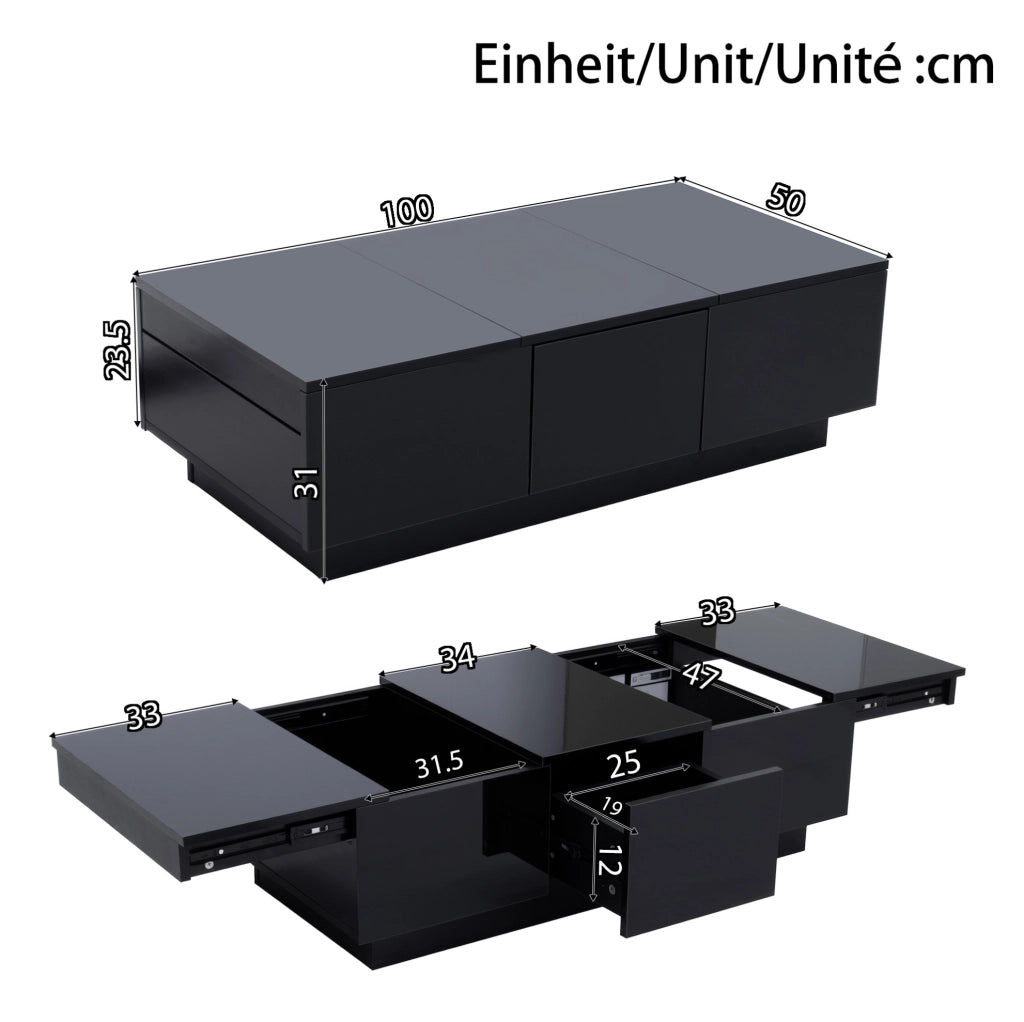 Tavolino da caffè moderno nero lucido 100x31x50 cm in truciolare e MDF con cassetti