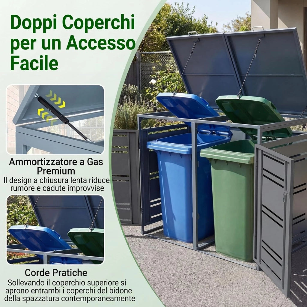Copribidone Spazzatura Esterno 120-240L, Copribidone Doppio con Porte Blocchettabili con Chiavi, Maniglie e Corte, Casetta Pattumiera Differenziata da Patio, Cortile e Giardino (Grigio)
