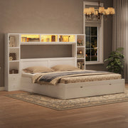 Letto contenitore 140x200 bianco con 7 cassetti; testiera libreria e luce LED