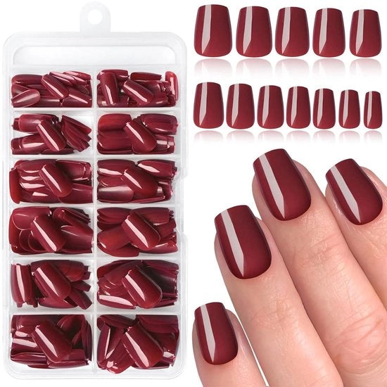Nageli Grafici Bordeaux 240 Stuks - Plaknagels Zelfkleventi - Druk Op Nageli - Strumenti Manicure - Inclusi Lame e Manico di Legno - Press-on Nageli