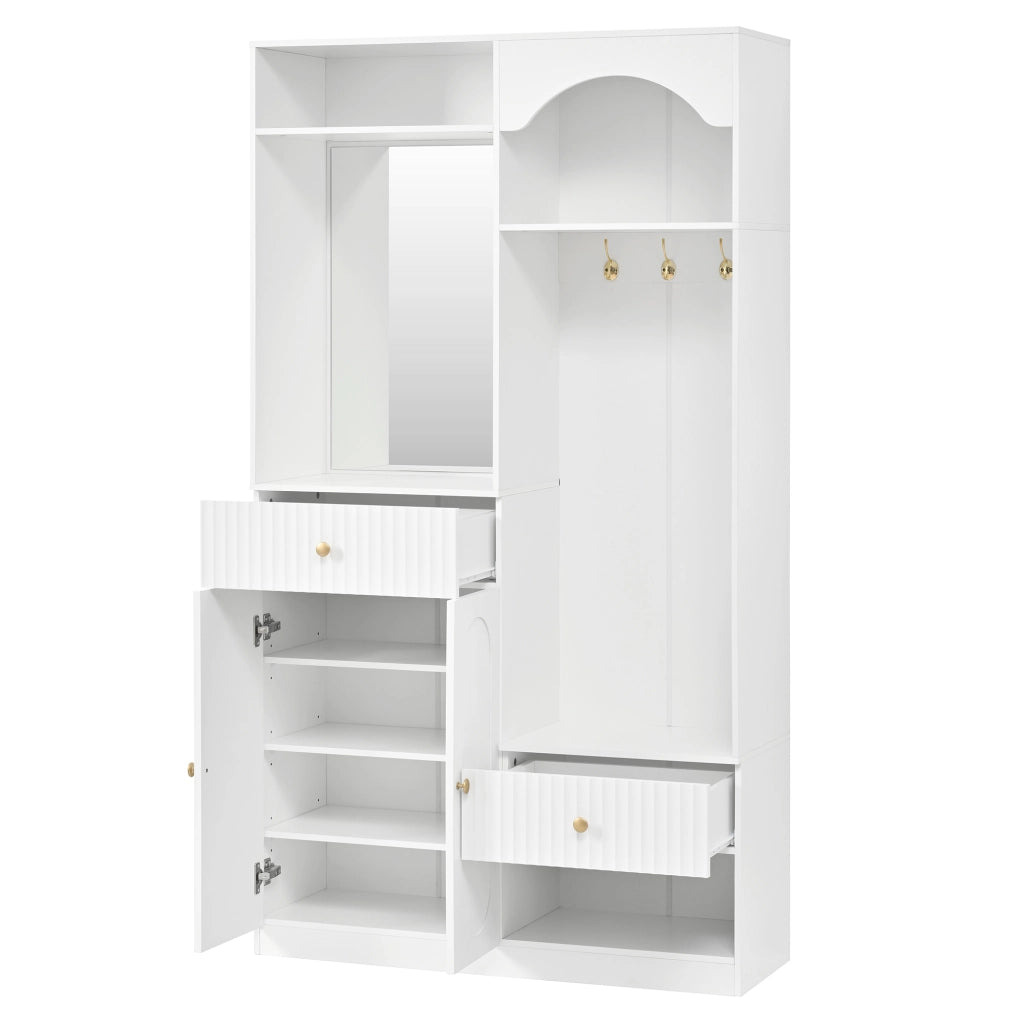 Mobile ingresso con specchio; ganci; panca; 2 ante; ripiani regolabili; LED; per ingresso; 100 Ã— 35 Ã— 180 cm