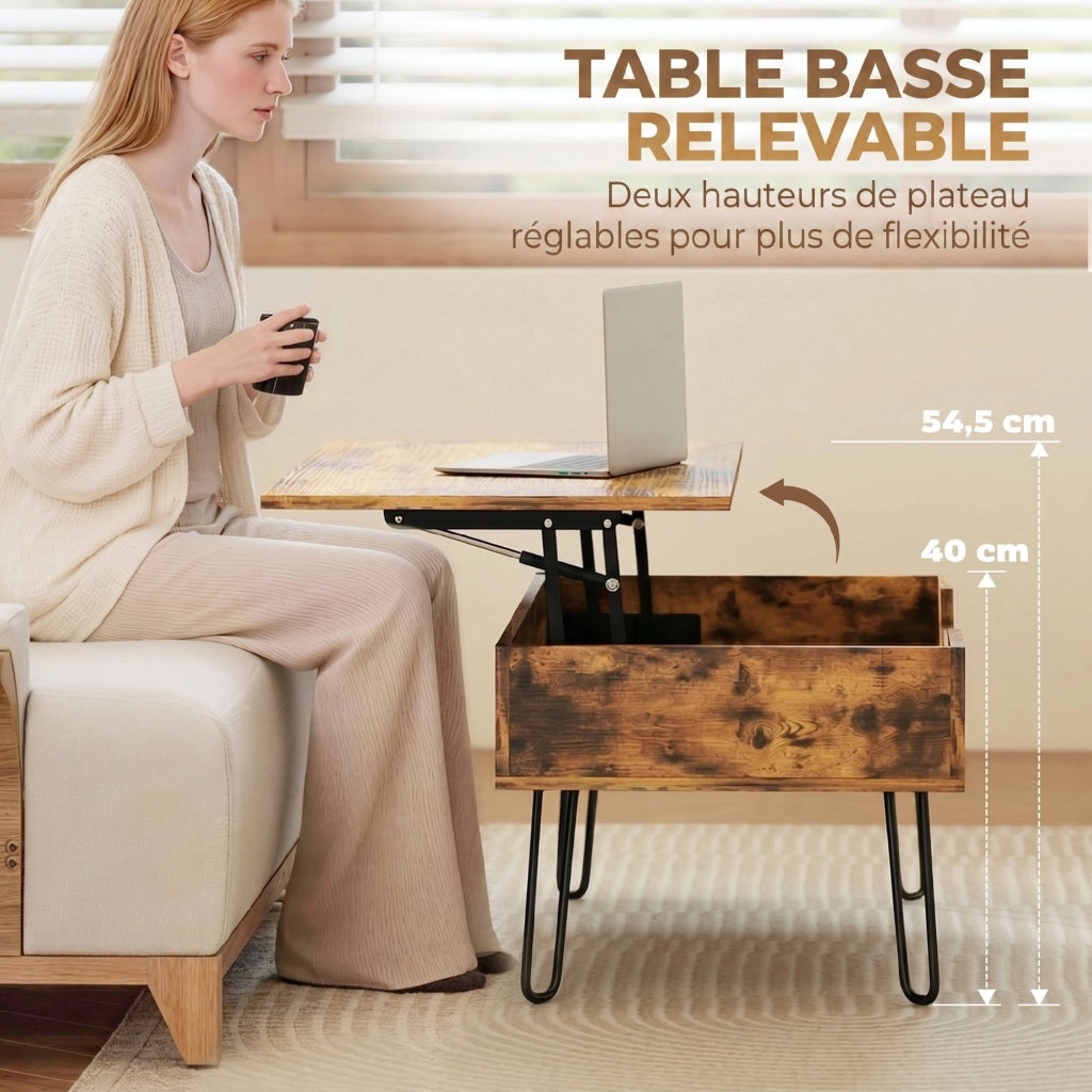 Tavolino da caff¨¨ in legno con ripiano nascosto ¨C zephmum ¨C 95x50x40 cm, marrone rustico