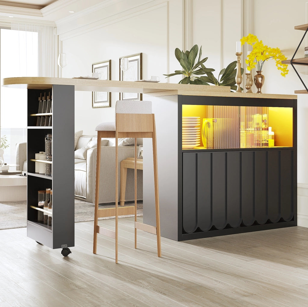 Tavolo bar 135-205x39x100 cm con ruote; LED e porta USB in MDF e vetro nero