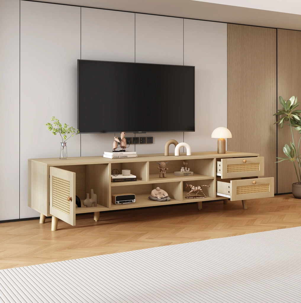 Mobile TV 160 cm effetto rovere con rattan, 2 cassetti e anta