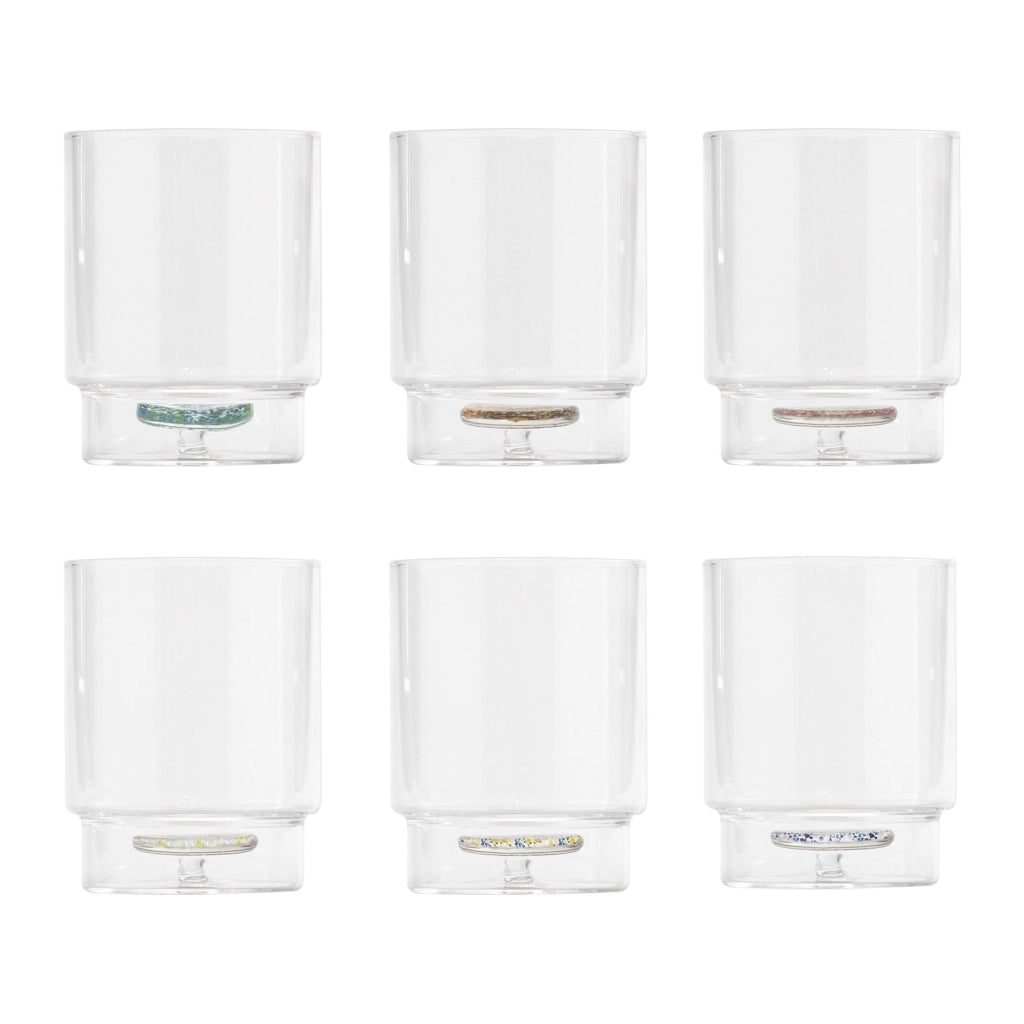 Teca Set 6 Bicchieri Tumbler Linea Terrazzo in Vetro Borosilicato con Decori Assortiti Interni in Vetrocamera e Design Impilabile ed Ergonomico