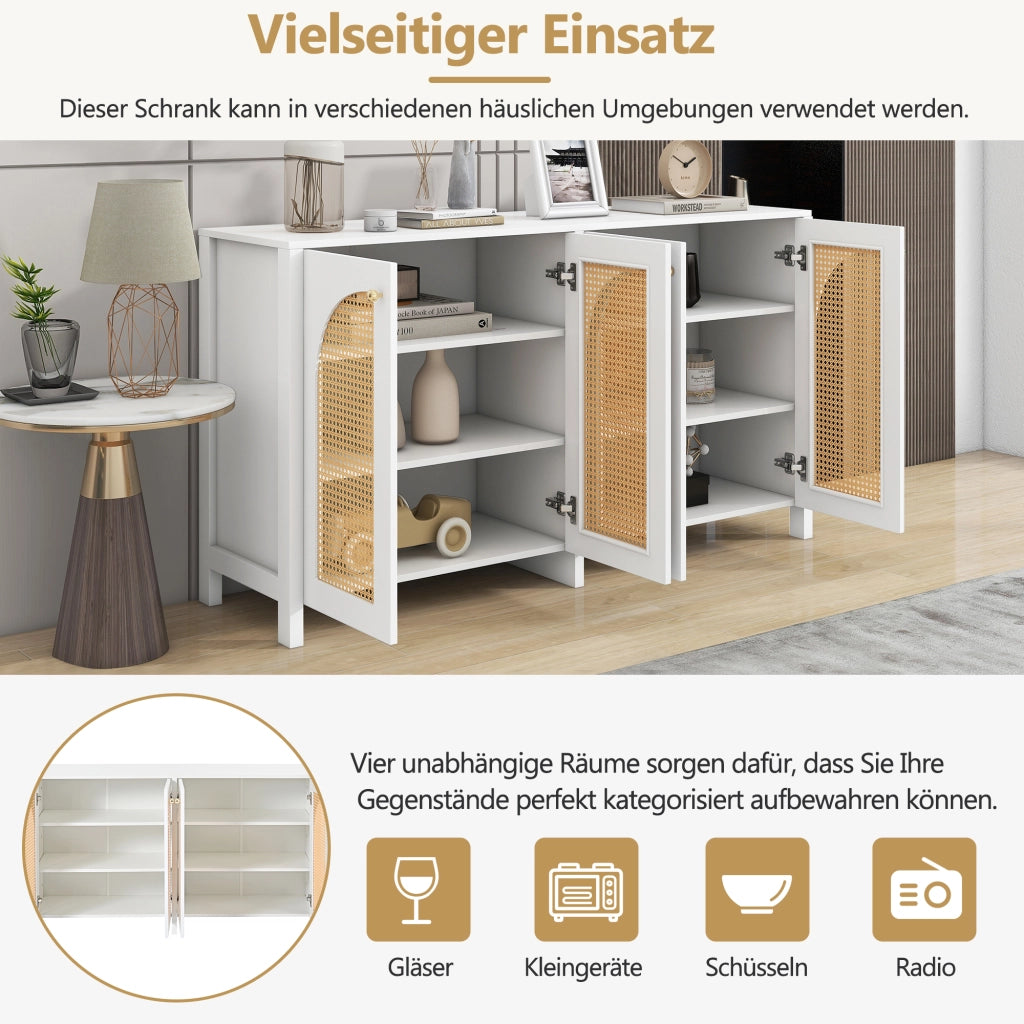 Credenza con 4 ante e ripiano regolabile; maniglie in metallo - per soggiorno - in MDF - bianco