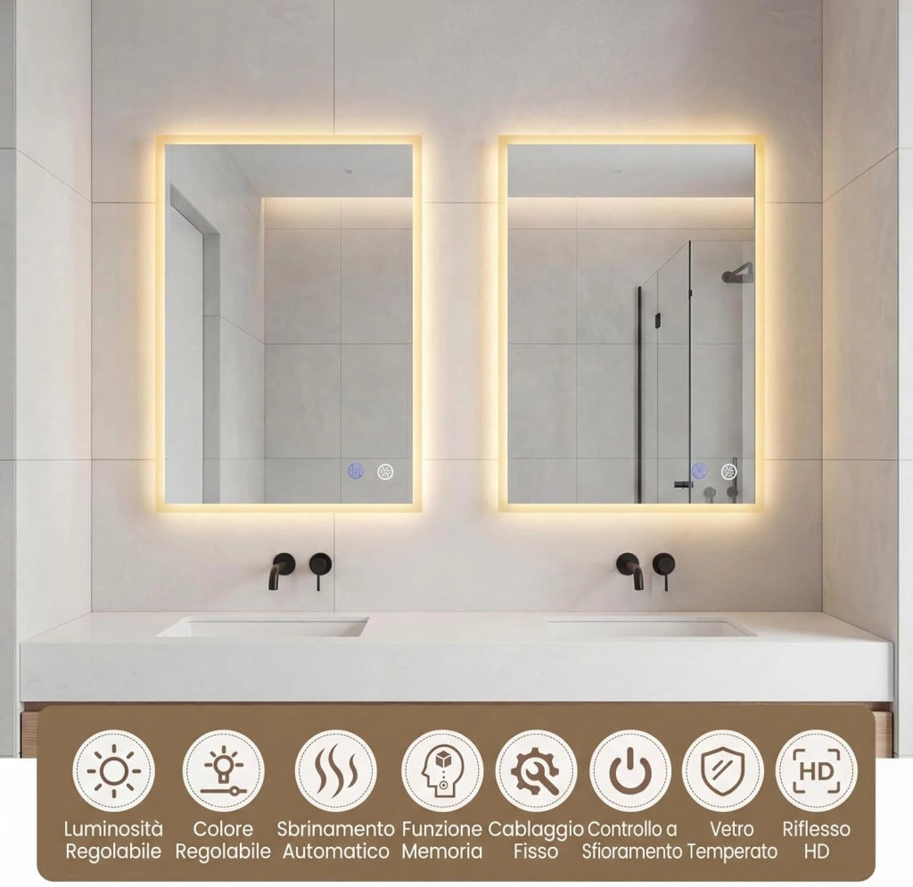 Specchio da Bagno LED 70 x 50 cm, Specchio da Parete Rettangolare con Anti-appannamento, Memoria, 3 Colori di Luce, Dimmerazione Continua e Vetro Temperato Infrangibile (70 x 50 x 3 cm)