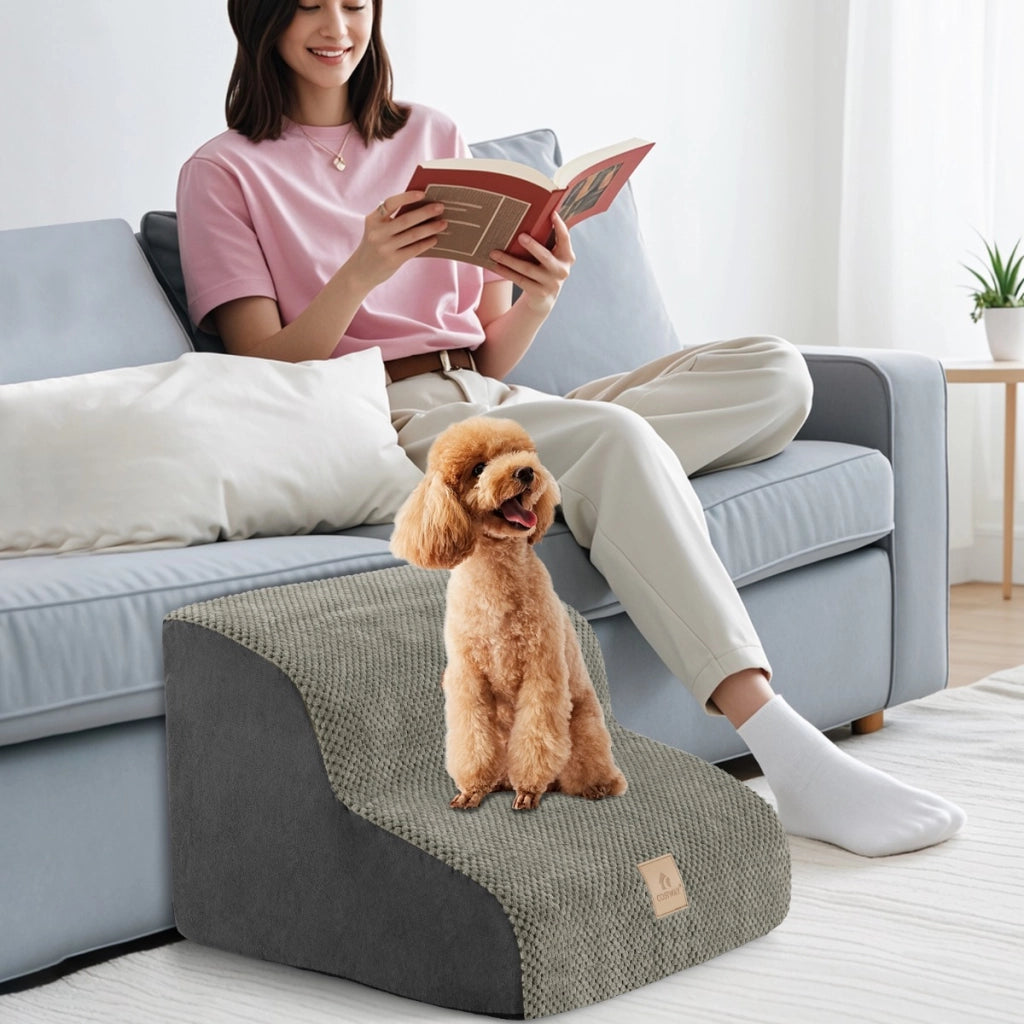 Rampa per cani con 2 scalini in schiuma-Scale per animali con copertura lavabile fondo antiscivolo Grigio