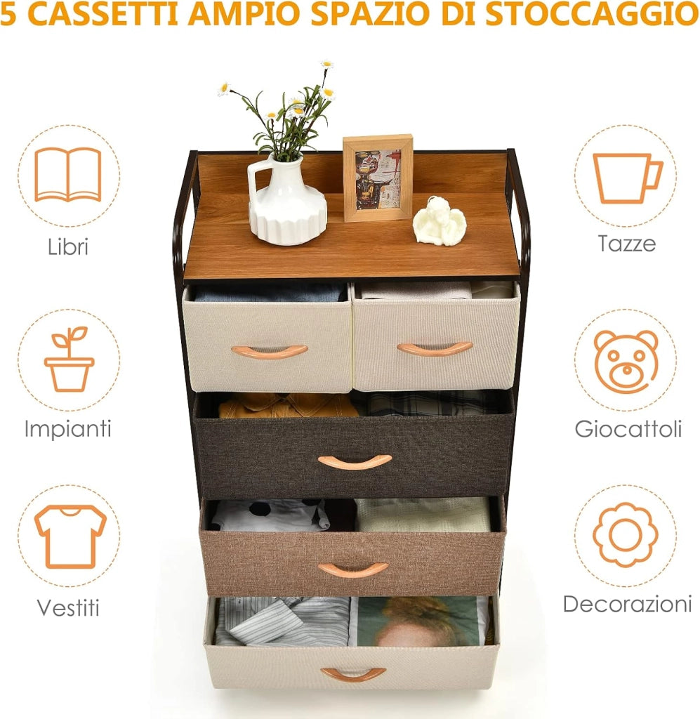 Cassettiera con 4/5 Cassetti, Organizer Verticale con Cassetti Pieghevoli in Tessuto, Cassettiera Armadietto, Comò con Struttura in Acciaio e Superficie in Legno (5 cassetti)