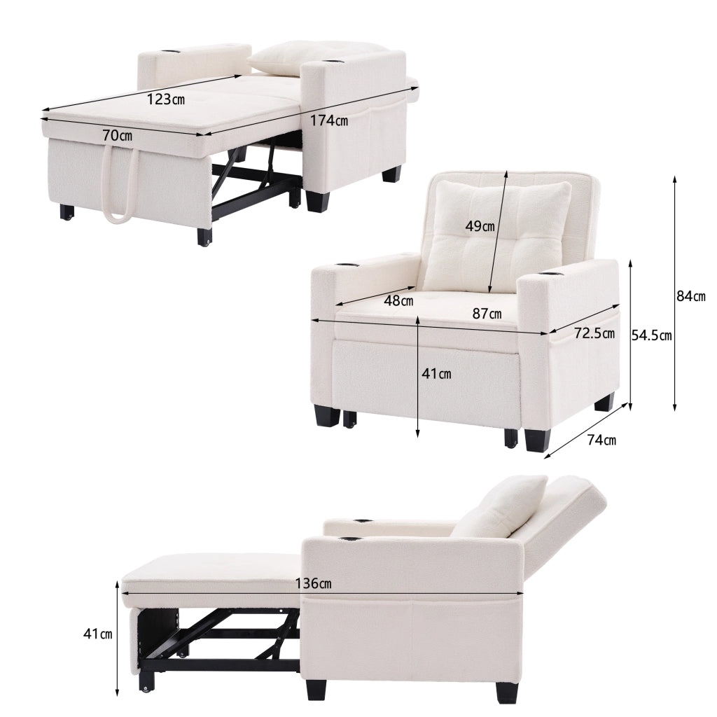 Poltrona convertibile 3 in 1 con schienale reclinabile, portabicchieri, porta USB e tasca, in legno e metallo bianco